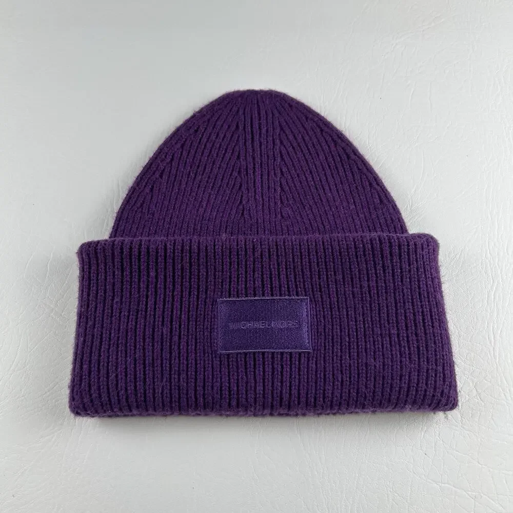 Michael Kors Purple Cuffed Beanie Women’s Wool Blend Ribbed Knit Logo Hat